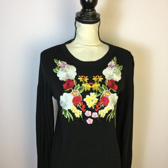Magaschoni Sweater XL Womans Black Silk Blend Floral Embroidered Balloon Sleeve - Picture 5 of 16